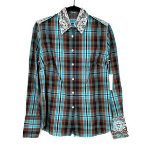 Ears of Buddha Shirt Womens Small Blue Plaid Lace Franky Hand Sewn Sustainable